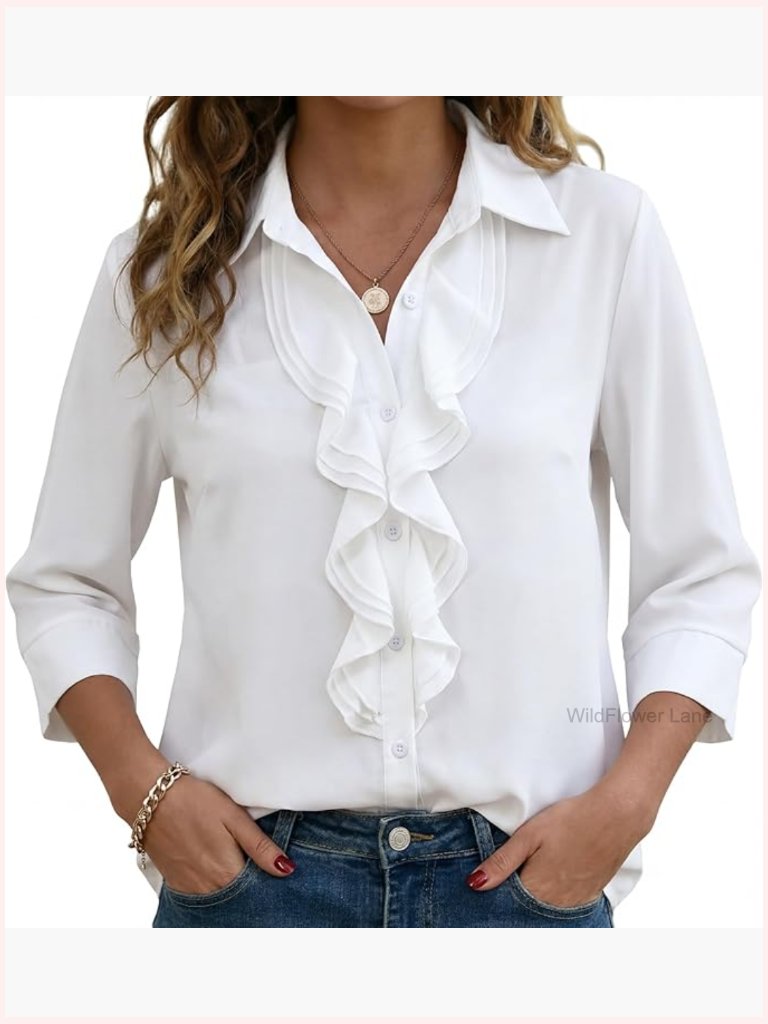 Ruffle Front Blouse Button Down 3/4 Sleeve Business Casual Work Office